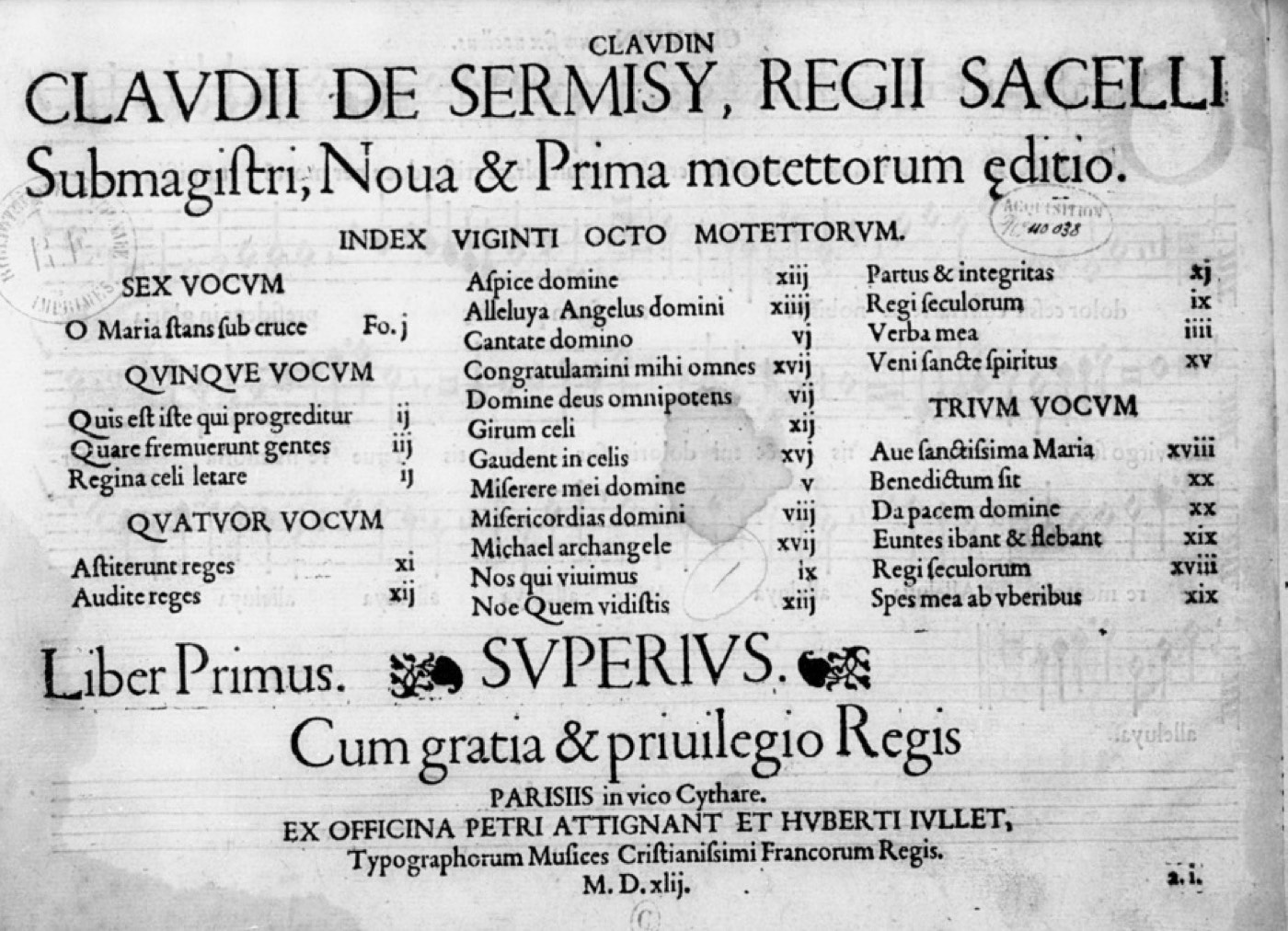 Page de titre imprimée en 1542, portant l'index des vingt-huit motets.