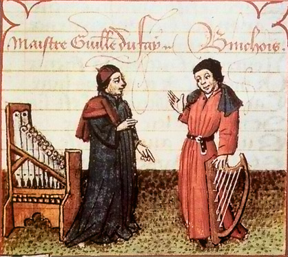 Miniature médiévale : Guillaume Du Fay à gauche près d'un orgue portatif, Gilles Binchois à droite avec une harpe.