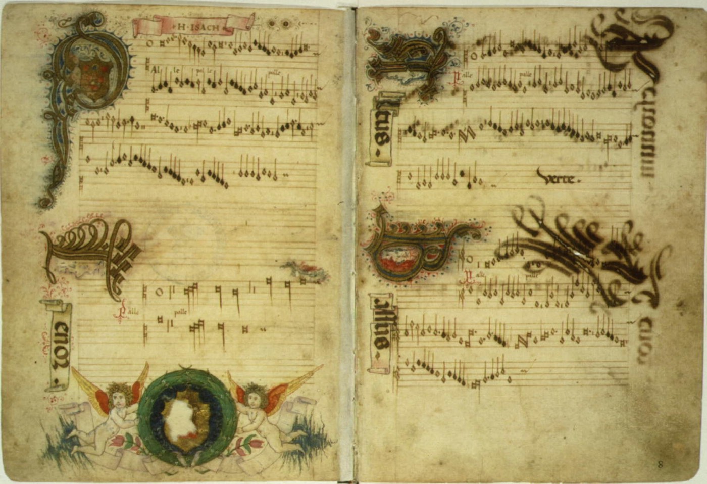 Double page d'un chansonnier enluminé du XVe siècle, notation carrée, initiale ornée aux armes des Médicis.