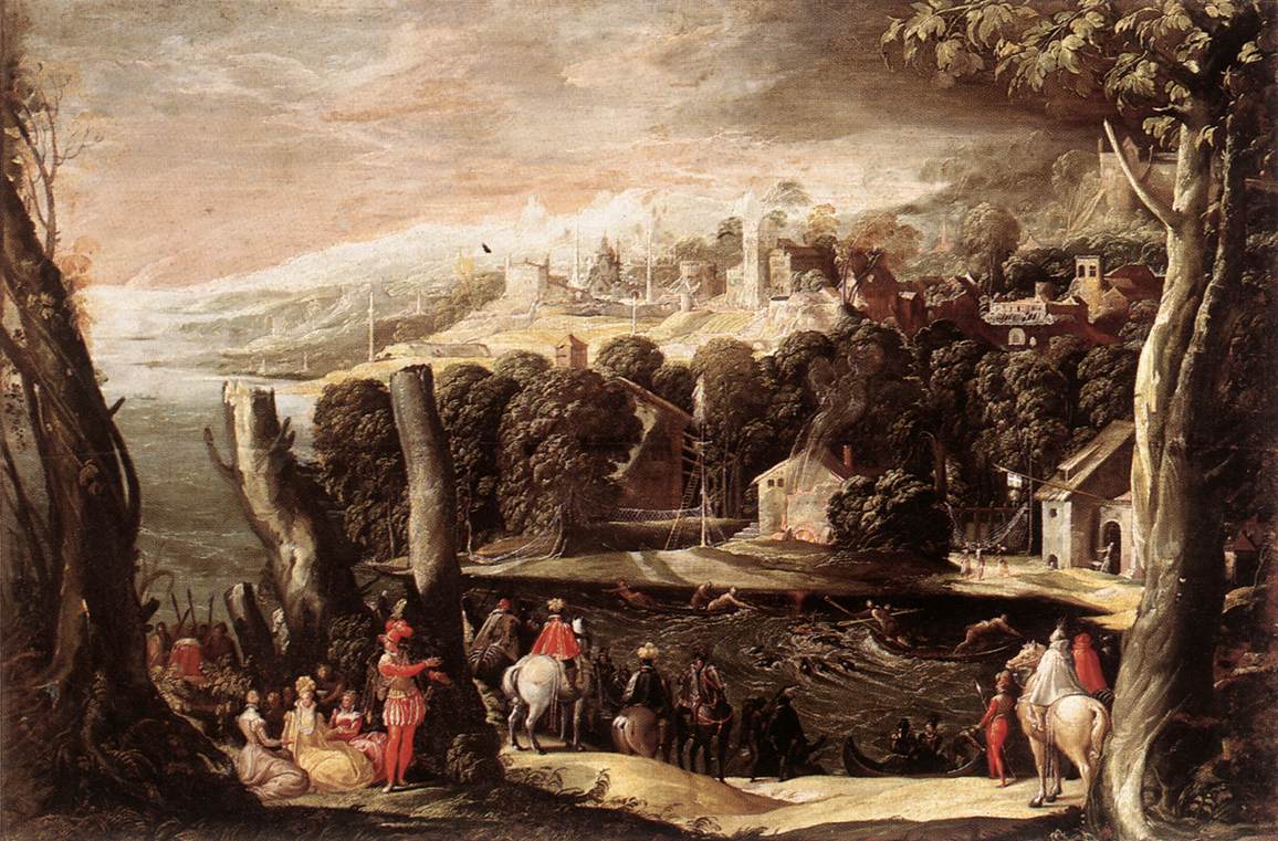 Paysage animé d'une chasse au cerf, peinture de Nicolò dell'Abbate.
