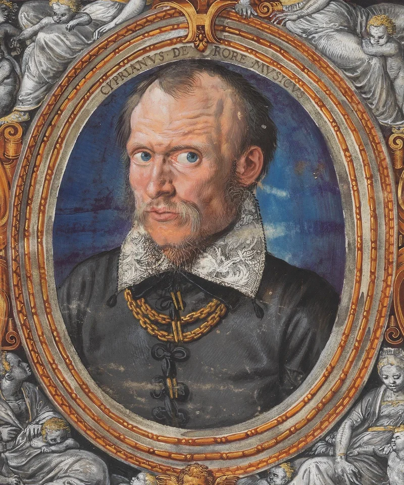 Portrait en miniature de Cipriano de Rore dans un médaillon ovale doré entouré de putti.