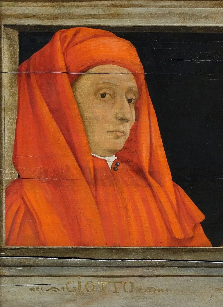 Giotto di Bondone, detail de la planche des Cinq maitres de la Renaissance florentine, Musee du Louvre — son nom peint sous le portrait