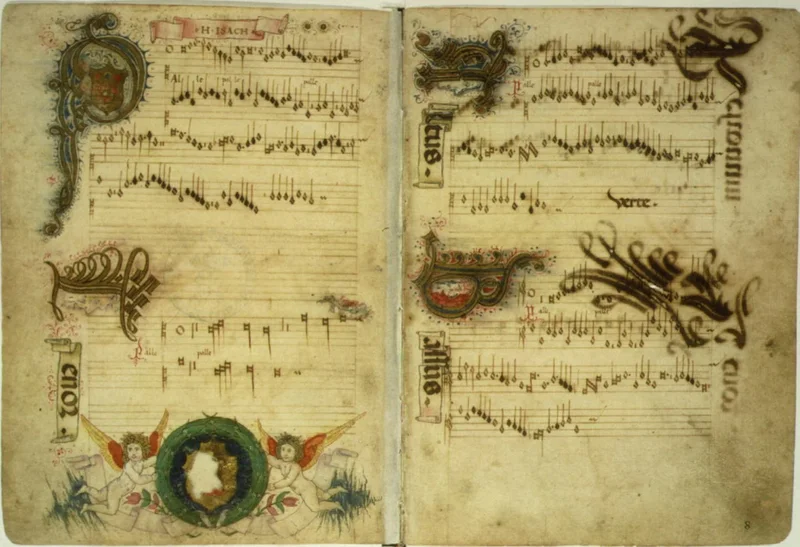Double page d'un chansonnier enluminé du XVe siècle, notation carrée, initiale ornée aux armes des Médicis.
