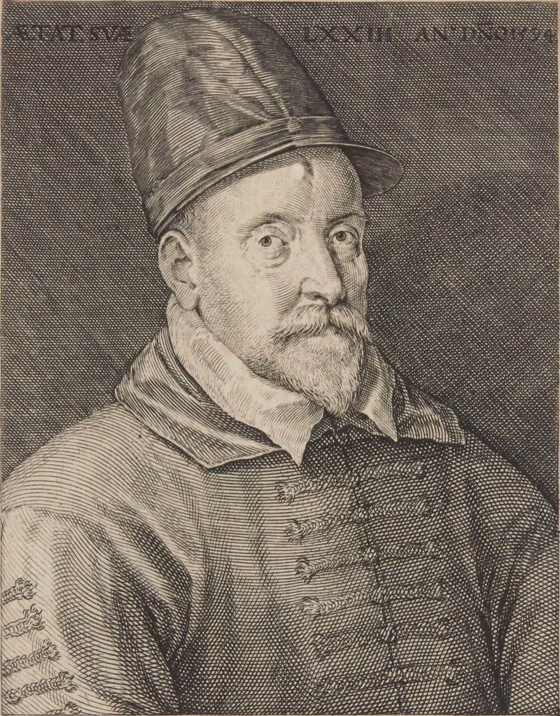 Portrait gravé de Philippe de Monte, vieil homme barbu coiffé d'un haut bonnet.