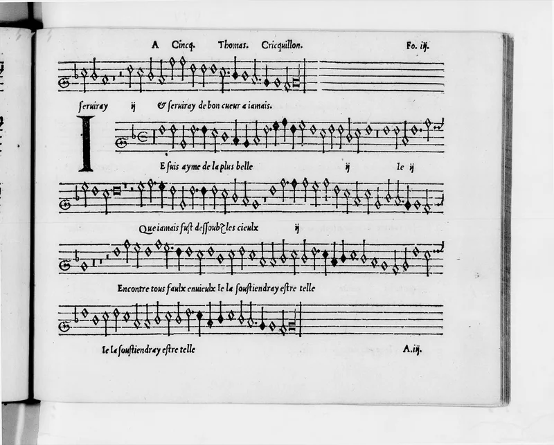 Page de musique imprimée au XVIe siècle, notation carrée sur cinq portées.
