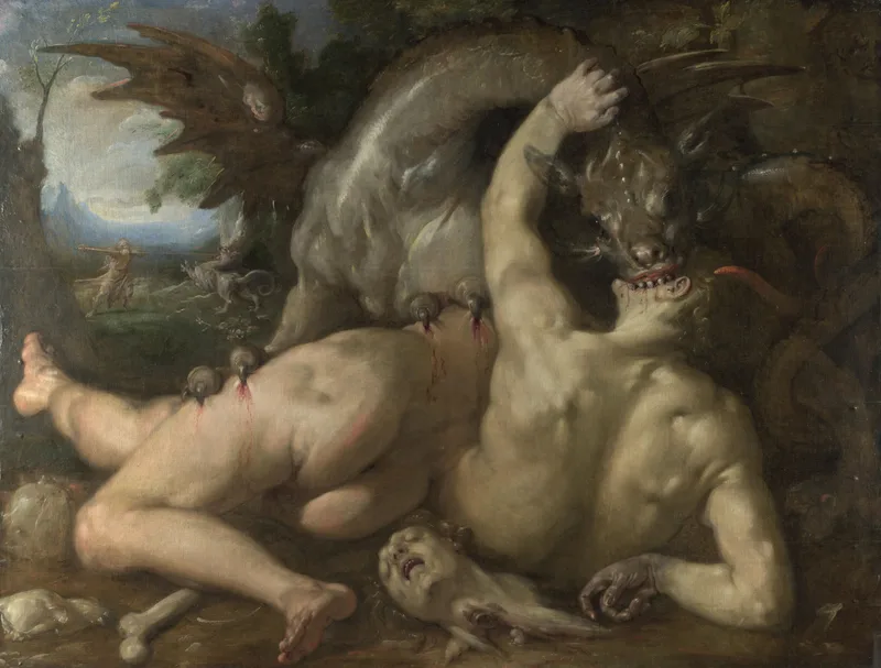 Deux compagnons de Cadmos dévorés par le dragon
