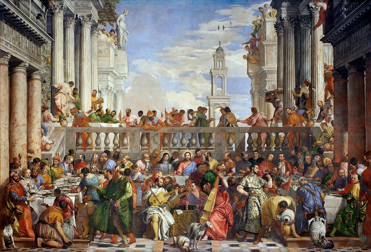 Les Noces de Cana de Véronèse : un banquet vénitien de cent trente convives sous une architecture palladienne, Jésus au centre de la table, musiciens au premier plan.