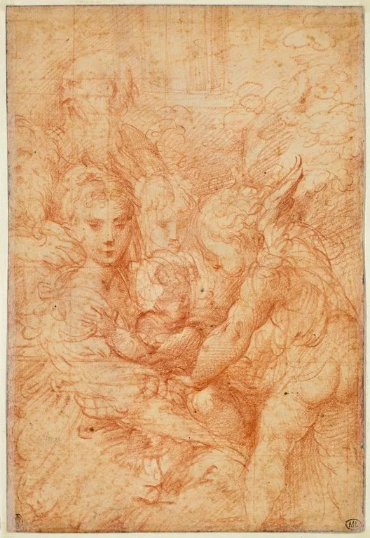 La Sainte Famille avec deux anges et un vieil homme