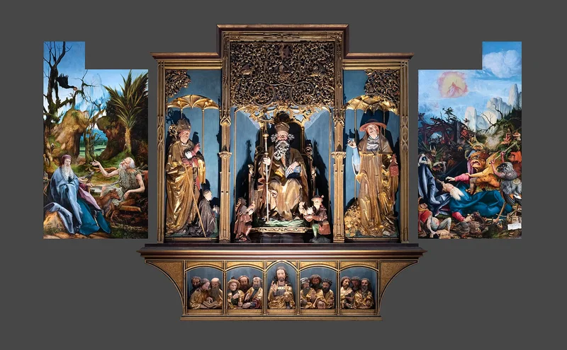 Troisieme ouverture du retable d'Issenheim : la caisse sculptee de Nicolas de Haguenau, saint Antoine tronant entre saint Augustin et saint Jerome, encadree des volets peints de Grunewald