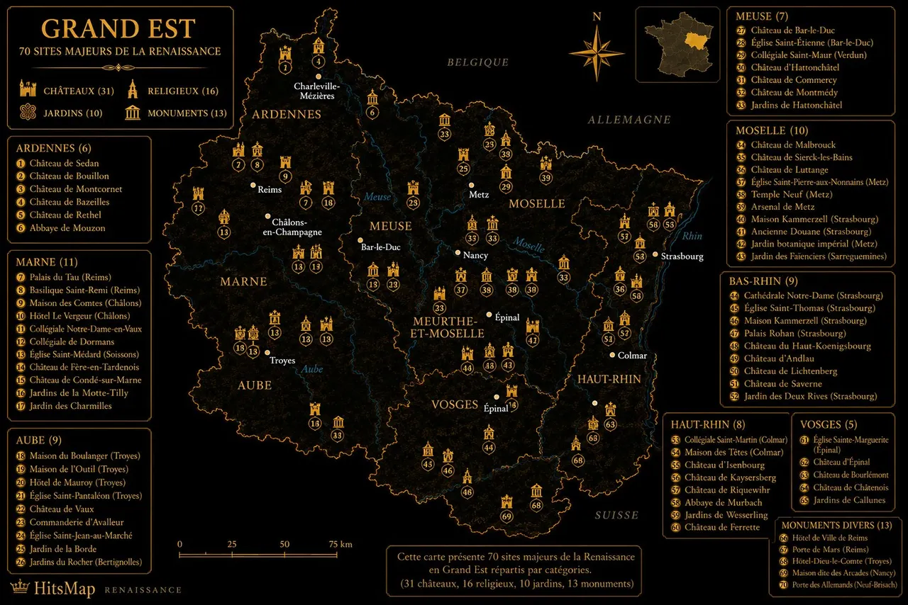 Carte des sites Renaissance en Grand Est